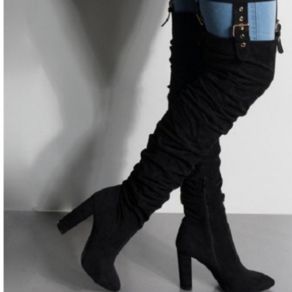 Harness Belted Suede Over the Knee Boots